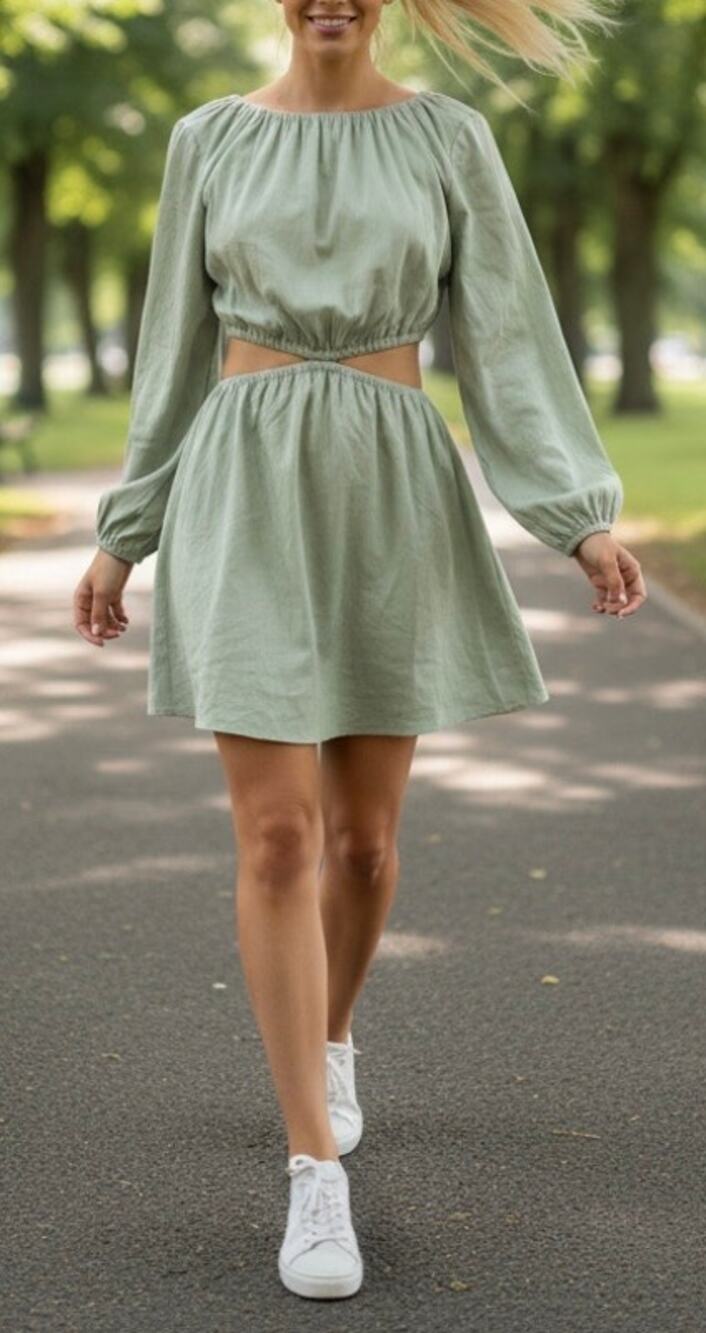 Gianni Bini Mini Dress Cora Green Linen Long Sleeve Cut Out A-line New